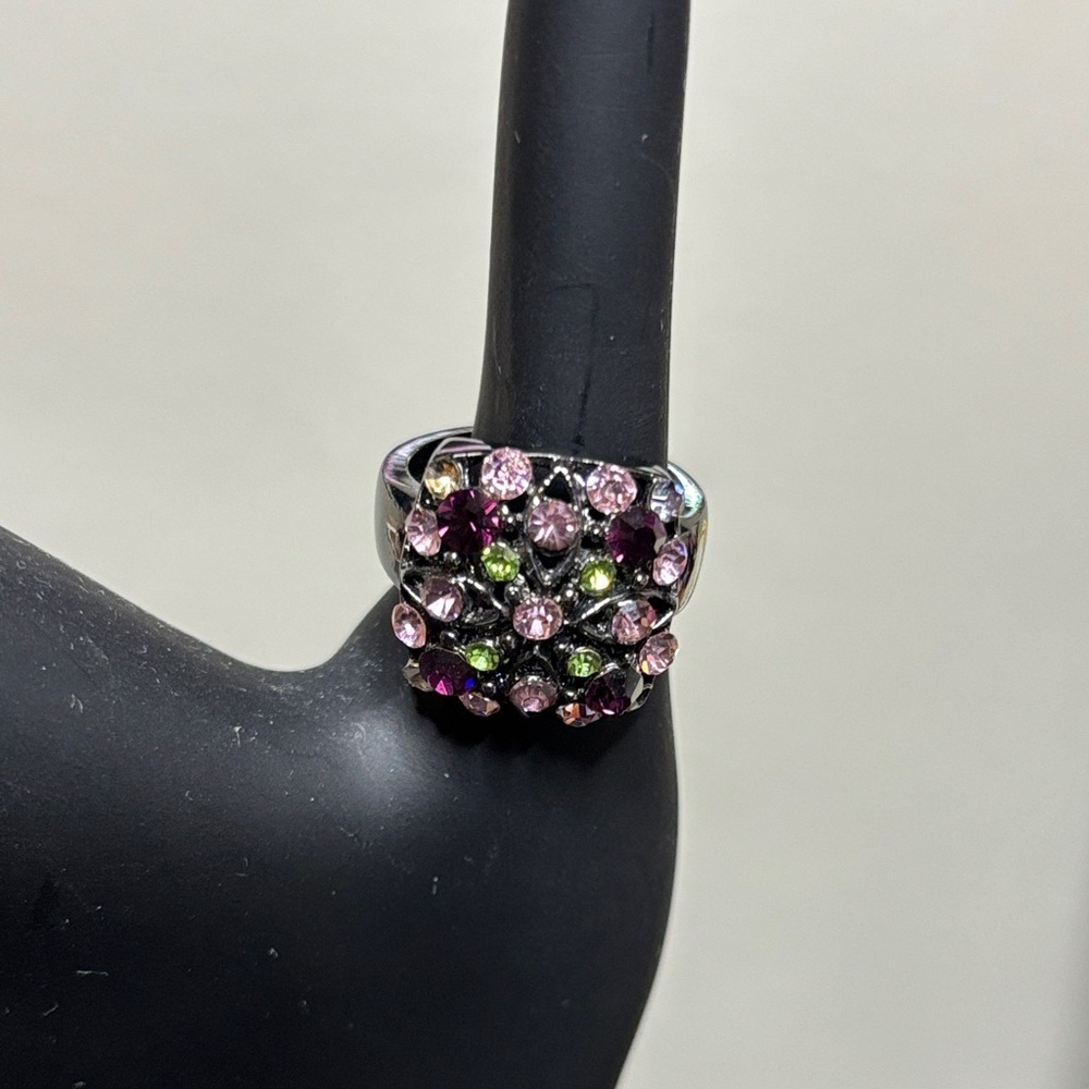 Elegant Multicolor Pink Purple Green Rhinestone Gunmetal Silver Tone Ring 7 1/2